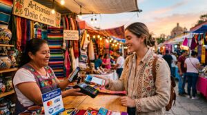 Persona joven pagando con su smartphone frente a un puesto de mercado mexicano colorido al atardecer, con luces cálidas y ambiente moderno que simboli