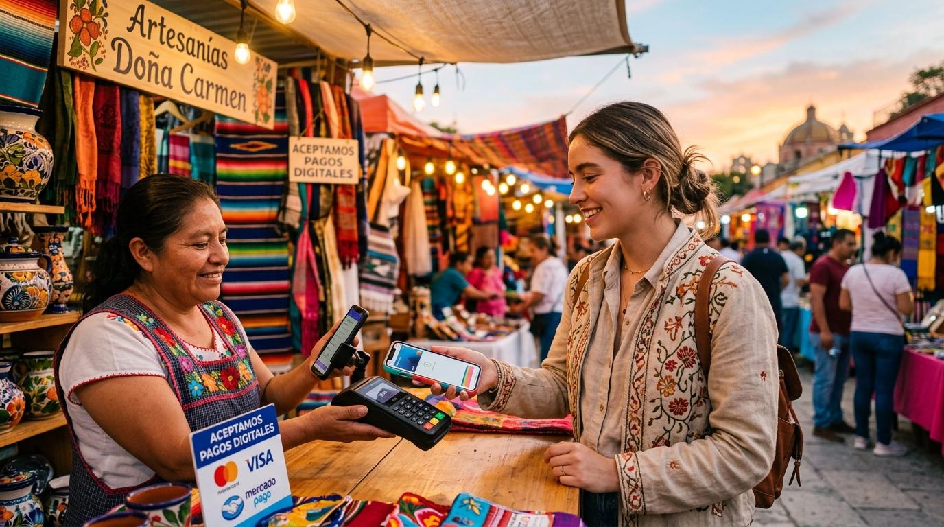 Persona joven pagando con su smartphone frente a un puesto de mercado mexicano colorido al atardecer, con luces cálidas y ambiente moderno que simboli