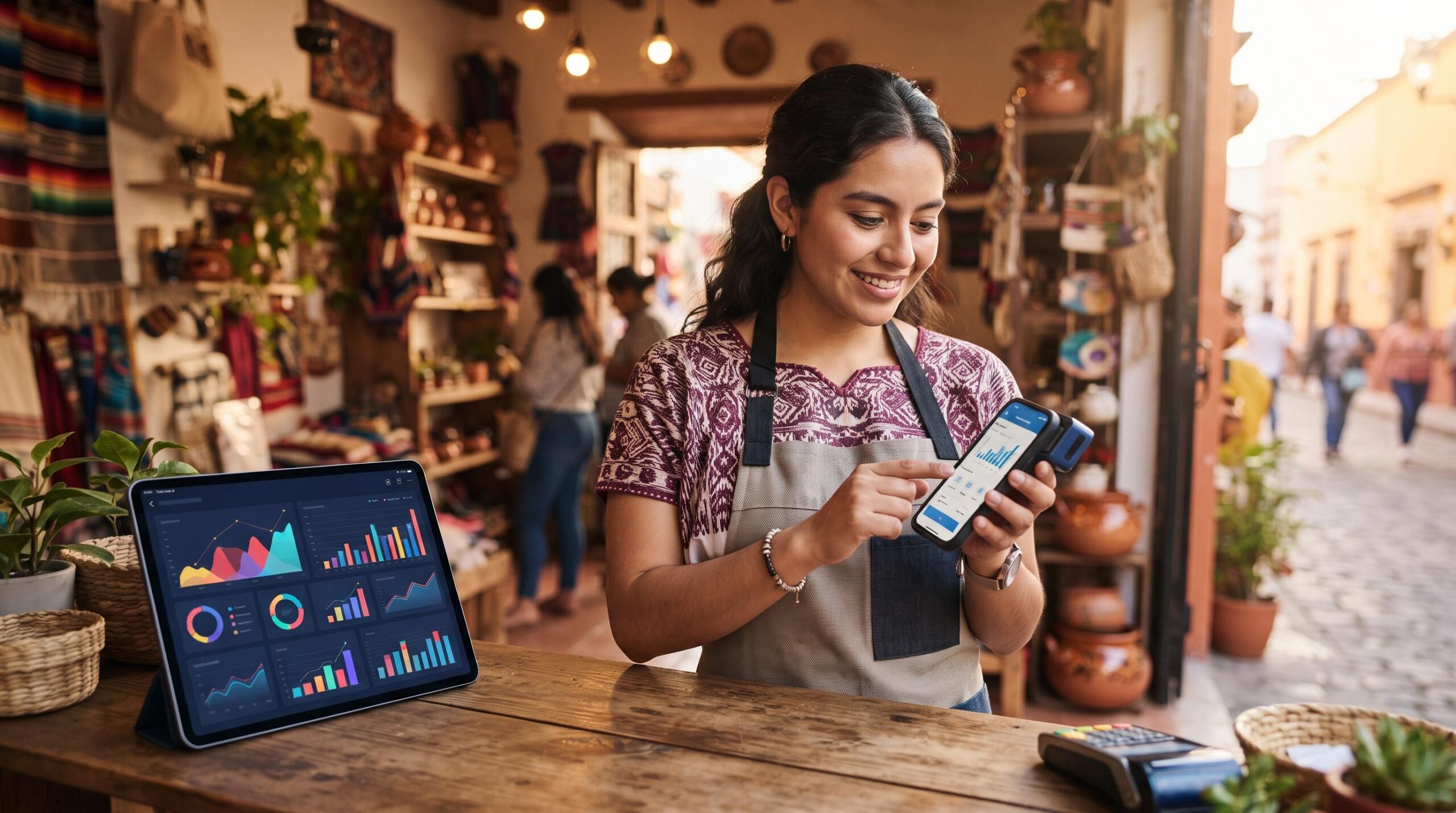 Una emprendedora mexicana utiliza su smartphone para gestionar pagos digitales frente a su pequeño negocio, con una tableta mostrando gráficos financi