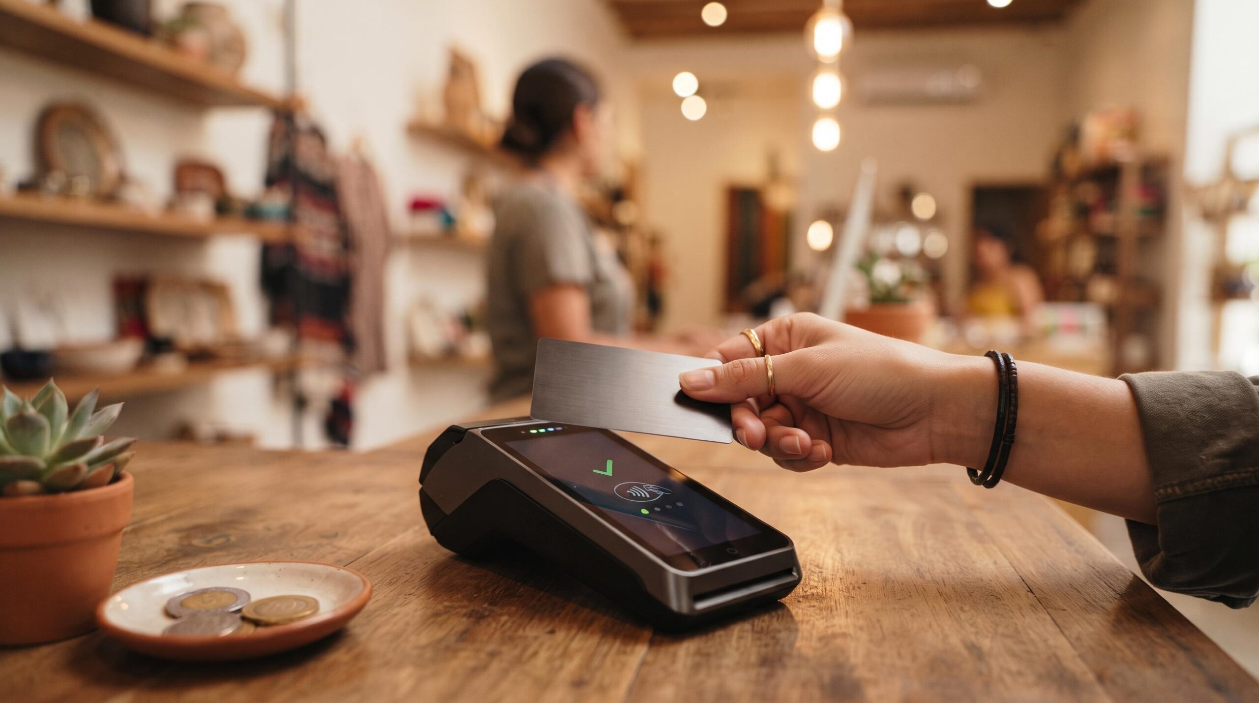 Tendencias de pago digital en México para los próximos años y cómo pueden afectar tu bolsillo 2 Primer plano de manos realizando un pago sin contacto con una tarjeta sobre una terminal de punto de venta en una tienda contemporánea en México, con