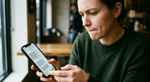 Cómo identificar un fraude financiero antes de caer en una estafa digital 2 Primer plano de una persona pensativa sosteniendo su smartphone mientras observa mensajes en la pantalla, representando el momento de reconocer patrones