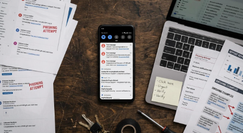 Cómo identificar un fraude financiero antes de caer en una estafa digital 3 Vista superior de un teléfono móvil sobre una mesa de trabajo mostrando múltiples notificaciones y mensajes de texto, junto a una laptop y documentos