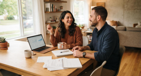 Cómo hablar de dinero en pareja sin conflictos: guía para construir acuerdos reales 2 Una pareja en la mesa del comedor de su casa, tomando café mientras conversan de manera relajada frente a una laptop y algunos documentos