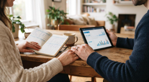 Cómo hablar de dinero en pareja sin conflictos: guía para construir acuerdos reales 3 Primer plano de las manos de una pareja sosteniendo una tablet y un cuaderno de presupuesto, simbolizando la transparencia y el autoconocimiento