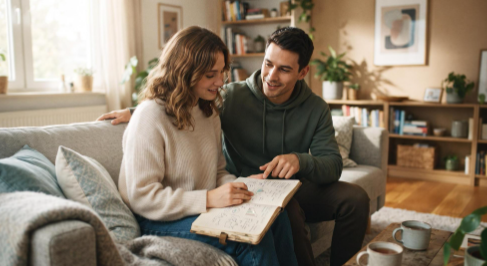 Una pareja joven sentada junta en un sofá moderno, revisando un cuaderno de notas con actitud tranquila y colaborativa