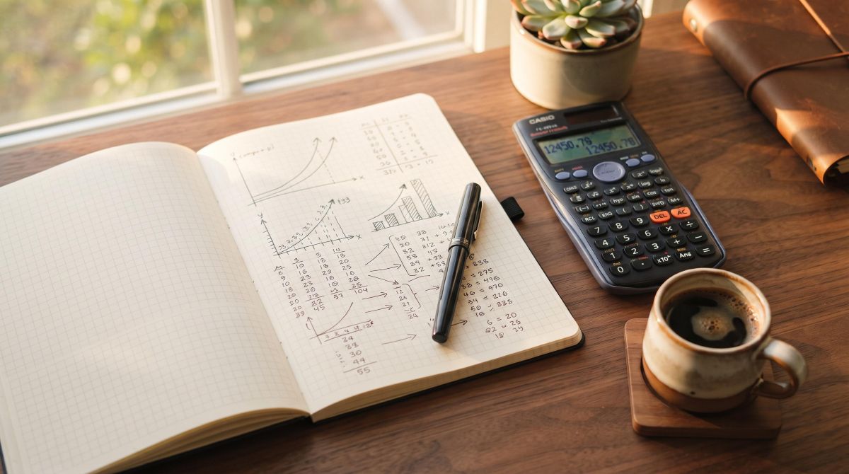 Cuaderno abierto con anotaciones financieras y una calculadora moderna sobre un escritorio iluminado con luz cálida, acompañado de una taza de café