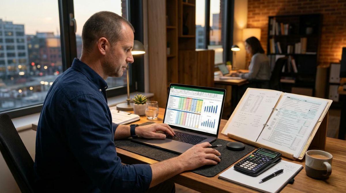 Cómo se paga el ISR sobre rendimientos de Mercado Pago en México 3 Profesional trabajando en un escritorio con laptop que muestra hojas de cálculo financieras, documentos de cálculo de impuestos y calculadora