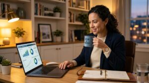 Una persona revisando un reporte financiero en una laptop moderna mientras sostiene una taza de café, con iluminación cálida y ambiente profesional