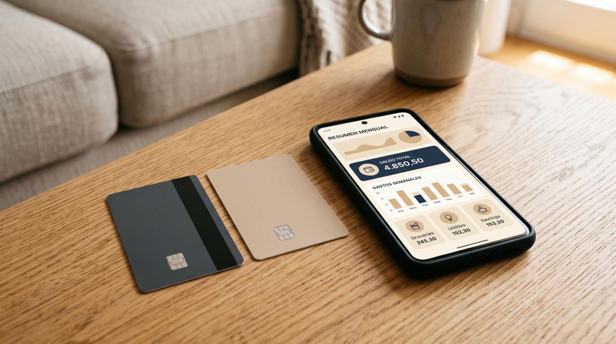 Tarjetami para pareja: cómo compartir gastos sin conflictos 2 Primer plano de dos tarjetas bancarias colocadas sobre una mesa de café junto a un teléfono móvil que muestra una aplicación de finanzas abierta