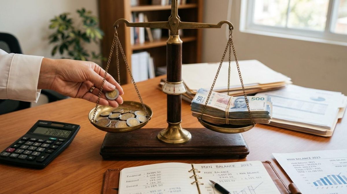 Diferencia entre ahorrar e invertir explicada de forma simple para tus finanzas 3 Manos profesionales colocando monedas mexicanas en un lado de una balanza antigua mientras billetes se apilan en el otro lado