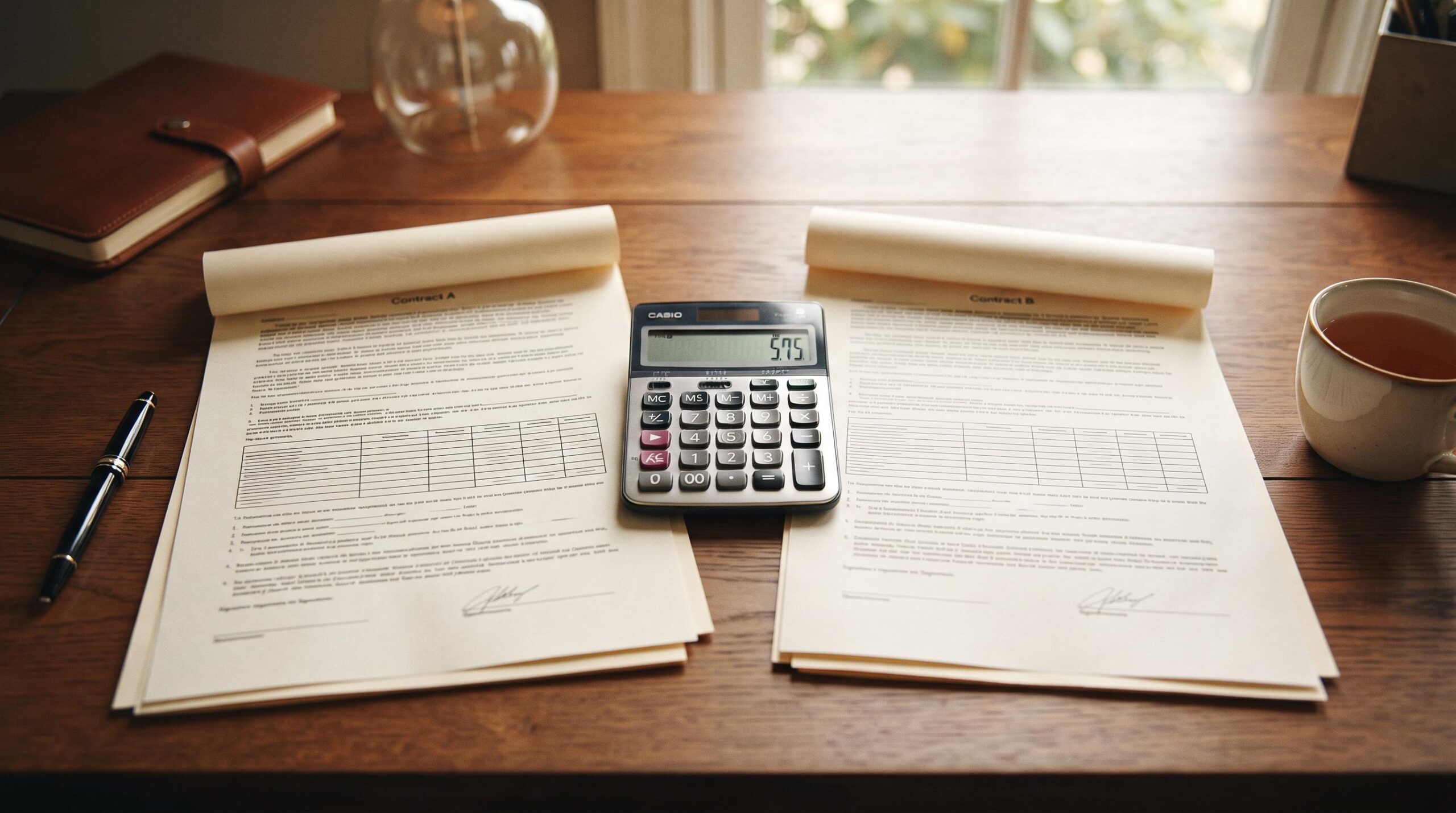 Qué revisar en el contrato de un producto financiero antes de firmar 3 Dos contratos financieros abiertos lado a lado sobre un escritorio con una calculadora entre ellos, representando la comparación de tasas de interés y
