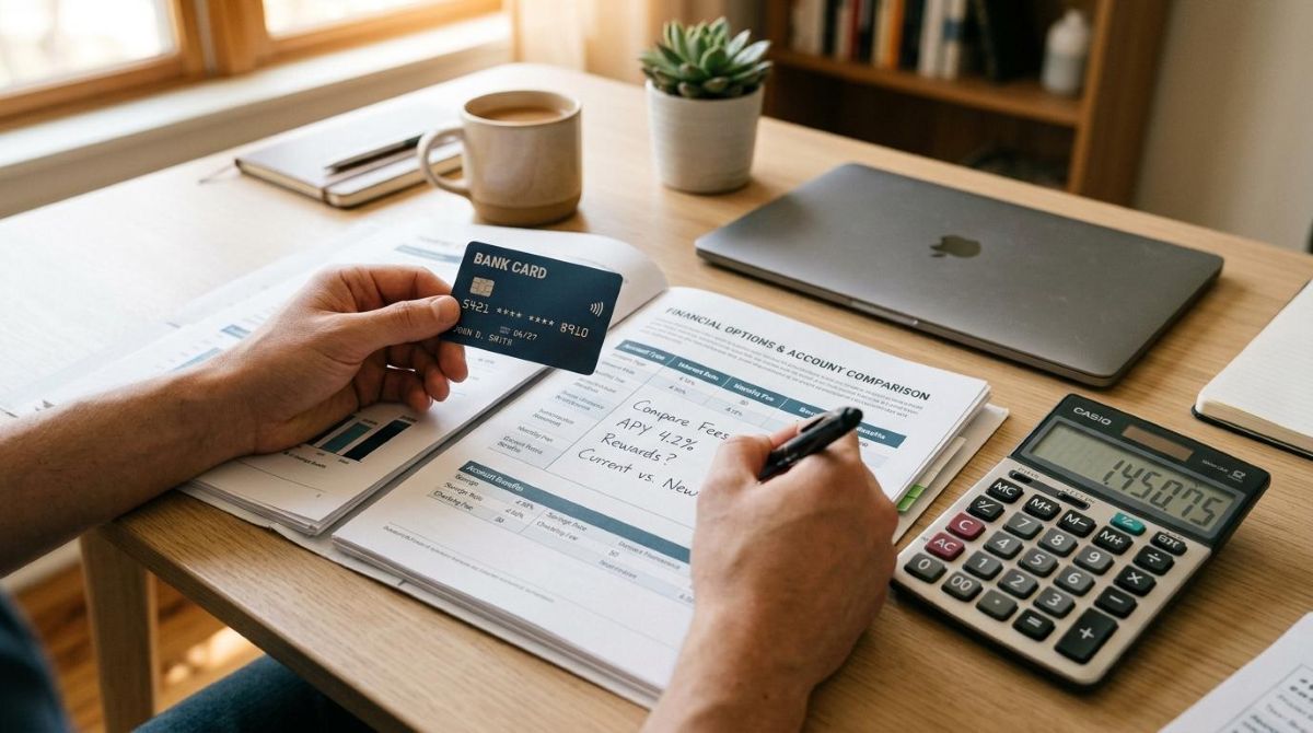 Manos sosteniendo una tarjeta bancaria genérica junto a documentos de cuenta sobre una superficie limpia y moderna, con una calculadora de escritorio
