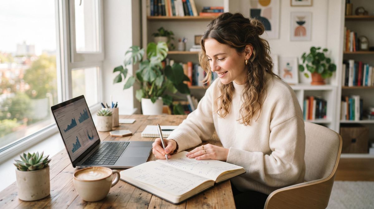 Diferencia entre ahorrar e invertir explicada de forma simple para tus finanzas 2 Persona joven sentada en un espacio de trabajo moderno y luminoso, organizando su presupuesto en una libreta junto a una laptop abierta