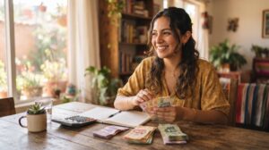 Retrato de una mujer joven mexicana sonriendo con confianza mientras organiza billetes de pesos mexicanos, una libreta y una calculadora sobre una mesa