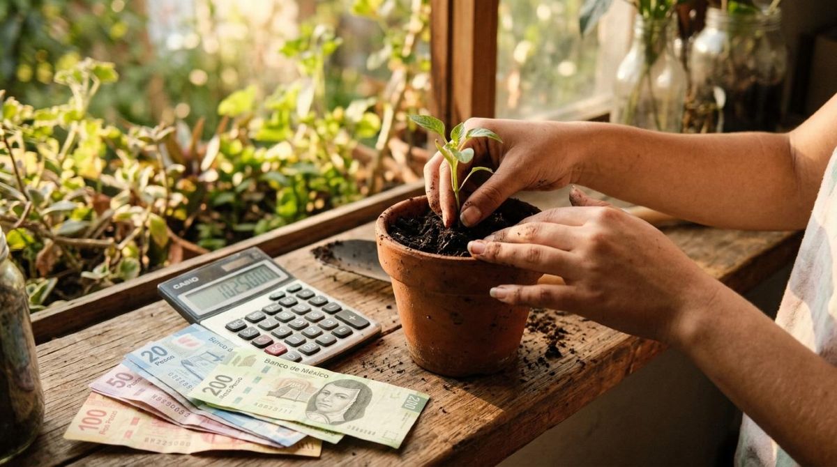  Manos de una persona joven plantando una pequeña plántula en una maceta junto a una calculadora y billetes de pesos mexicanos