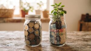 Dos frascos transparentes sobre una mesa de madera rústica, uno lleno de monedas de peso mexicano representando el ahorro seguro y el otro con billetetes