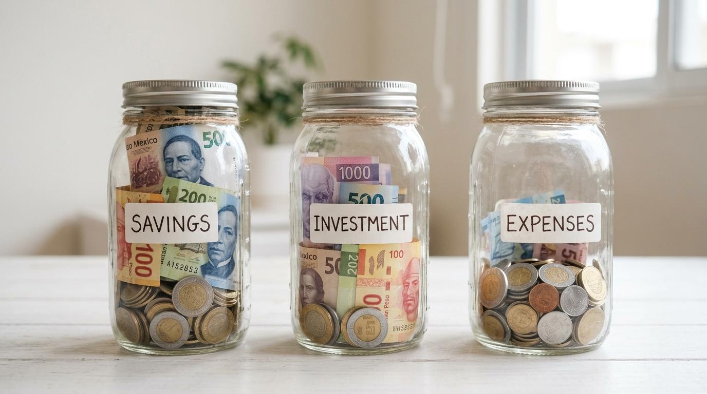 Cómo repartir tu aguinaldo entre ahorro, inversión y gastos de forma estratégica 3 Tres frascos de cristal transparente alineados sobre una superficie blanca con monedas y billetes mexicanos distribuidos en diferentes proporciones, i