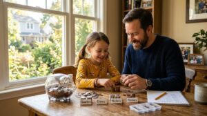 Padre e hija sentados en la mesa del comedor contando monedas junto a una alcancía transparente, con luz cálida natural entrando por la ventana