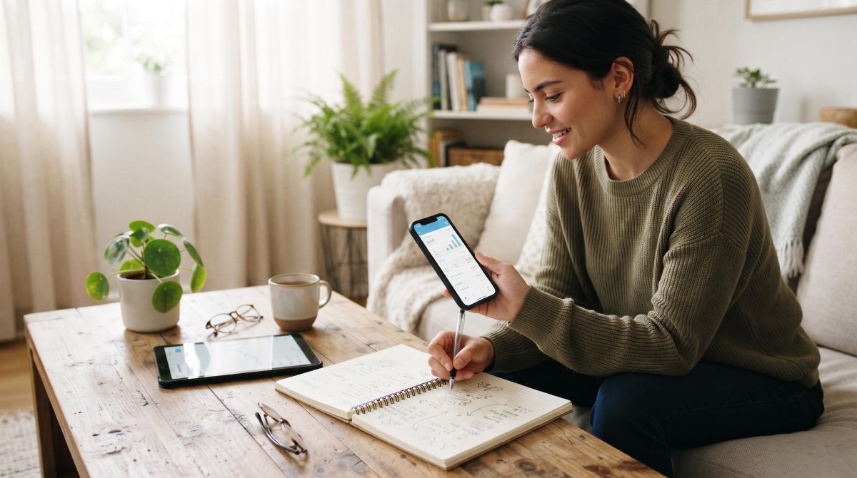 Una mujer utiliza una aplicación bancaria en su teléfono móvil mientras toma notas en una libreta abierta sobre una mesa de café