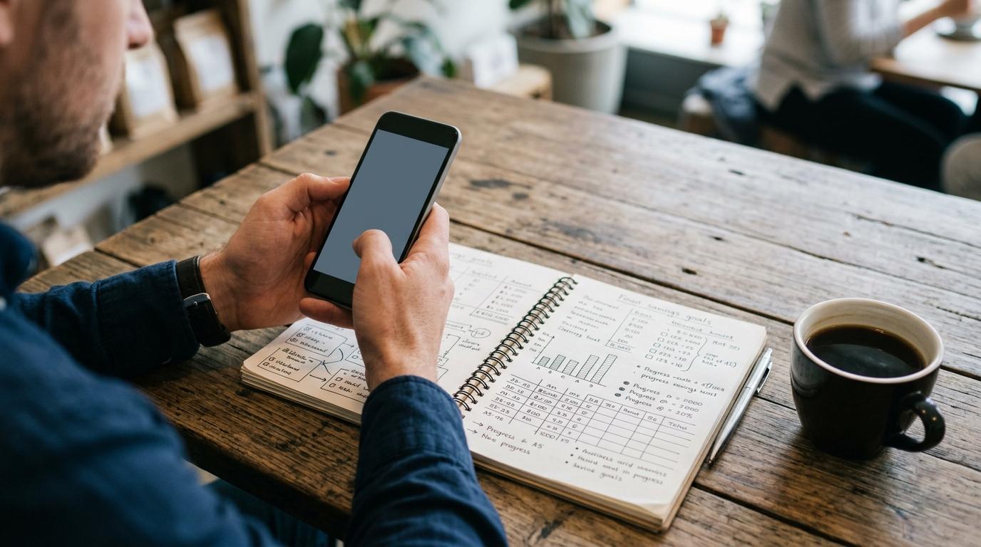 Cómo hacer seguimiento de tus metas financieras con Mercado Pago desde tu celular 2 Manos sosteniendo un smartphone junto a una libreta abierta con anotaciones de planificación, sobre una mesa de madera con una taza de café, represent