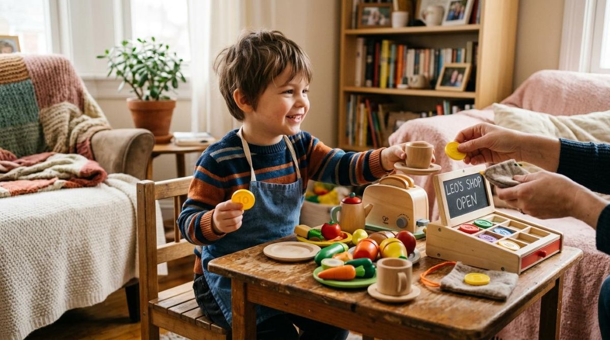 Cómo enseñar finanzas en casa desde temprana edad con actividades por etapa de desarrollo 2 Niño pequeño jugando a la tiendita con productos de cocina y monedas de juguete sobre una mesa de madera, simulando un intercambio comercial
