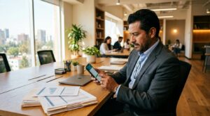Empresario mexicano usando su smartphone para realizar transferencias digitales en una oficina moderna y cálida, con documentos de nómina sobre el esc