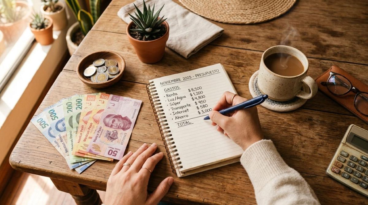 Conceptos financieros básicos que deberías conocer para tomar mejores decisiones con tu dinero 2 Vista superior de una mesa hogareña donde una persona planifica sus gastos del mes con billetes y monedas de pesos mexicanos, una libreta abierta