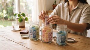 Una persona organizando billetes mexicanos en tres frascos de vidrio transparente sobre una mesa de madera clara, separando el dinero en categorías di