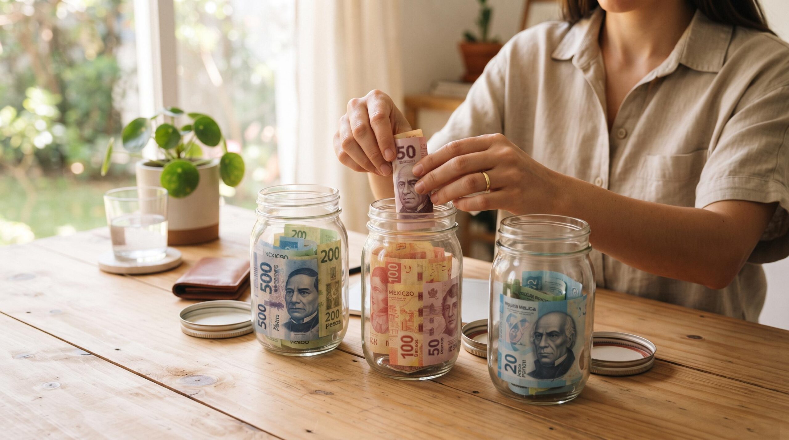 Una persona organizando billetes mexicanos en tres frascos de vidrio transparente sobre una mesa de madera clara, separando el dinero en categorías di