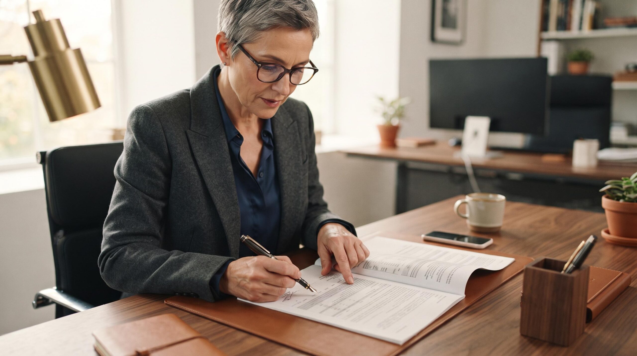 Persona con gafas de lectura revisando detalladamente un contrato financiero sobre un escritorio moderno, sosteniendo una pluma y señalando una cláusu