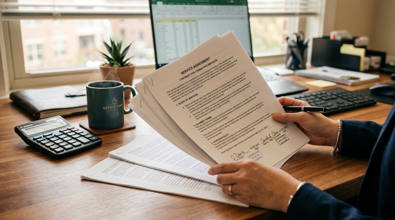 Qué revisar en el contrato de un producto financiero antes de firmar 2 Manos sosteniendo documentos de contrato sobre una mesa de trabajo con una calculadora y una taza de café en el fondo, tonos cálidos y ambiente profes