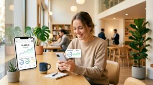 Una persona joven revisando su smartphone en un ambiente moderno y luminoso, visualizando con satisfacción el progreso de sus metas financieras, con t