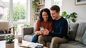 Una pareja joven sentada juntos en el sofá de su sala moderna, ambos mirando sonrientes un smartphone mientras revisan sus finanzas compartidas